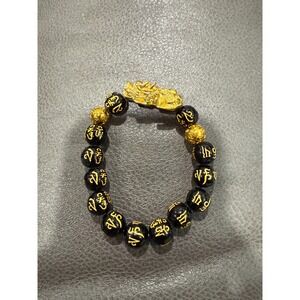 Gold Dragon Pixiu Beaded Bracelet Black Stone Mantra Charm